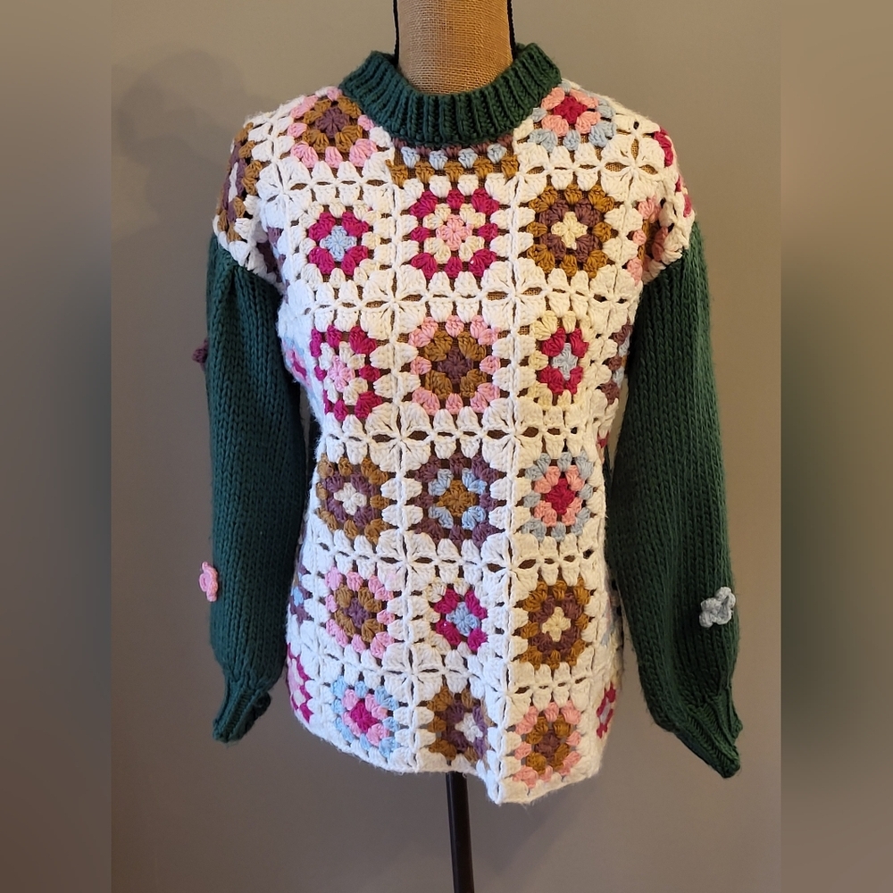 Listicle Medium Green Granny Square Acrylic Sweater Medium